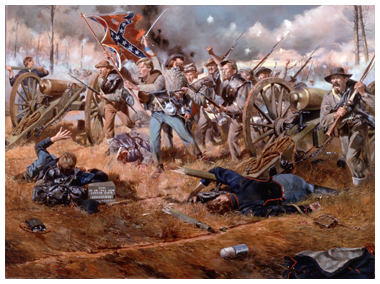 Confederate infantry sounding their staccato battle cry, overwhelm a Federal battery of 12 pounder 'Napoleons'....