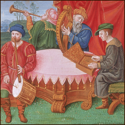 Tudor musicians depicted in the Psalter of Henry VIII (1540) by Jean Mallard....